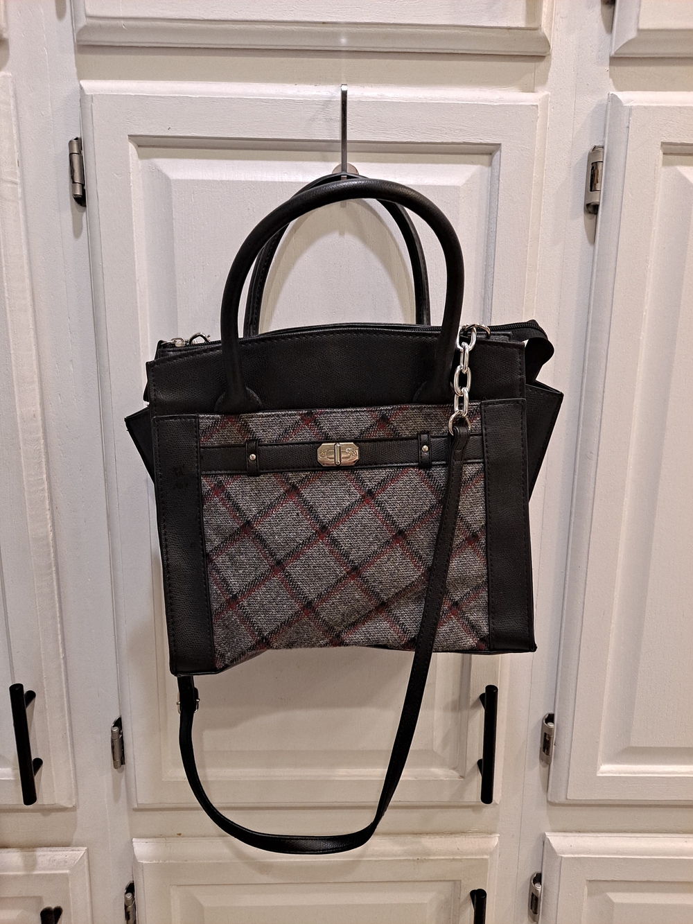 No Boundaries Y2k Rare Black Satchel w/Gray Red Plaid Tweed Panel Mixed Textiles